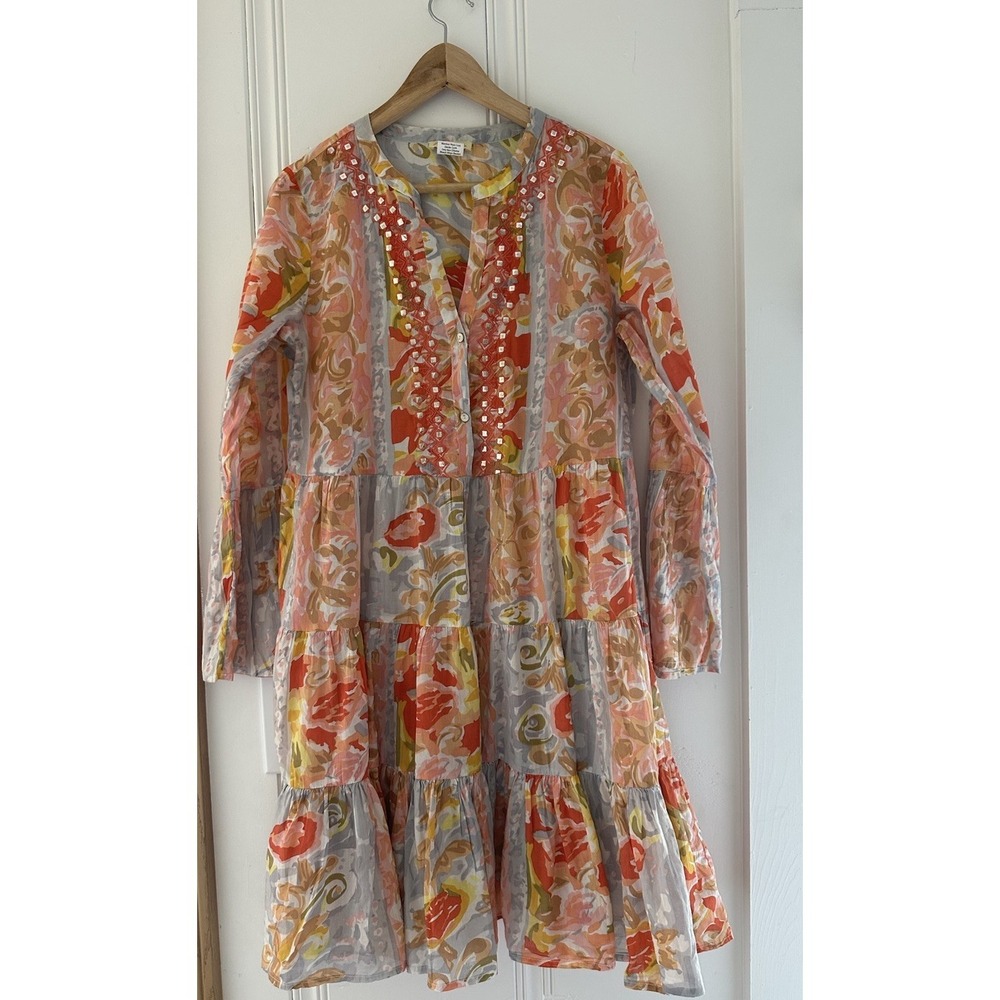 Sweet Magnolia Boho Tiered Mini Dress Mirror Embellished Floral‎ Cotton M
